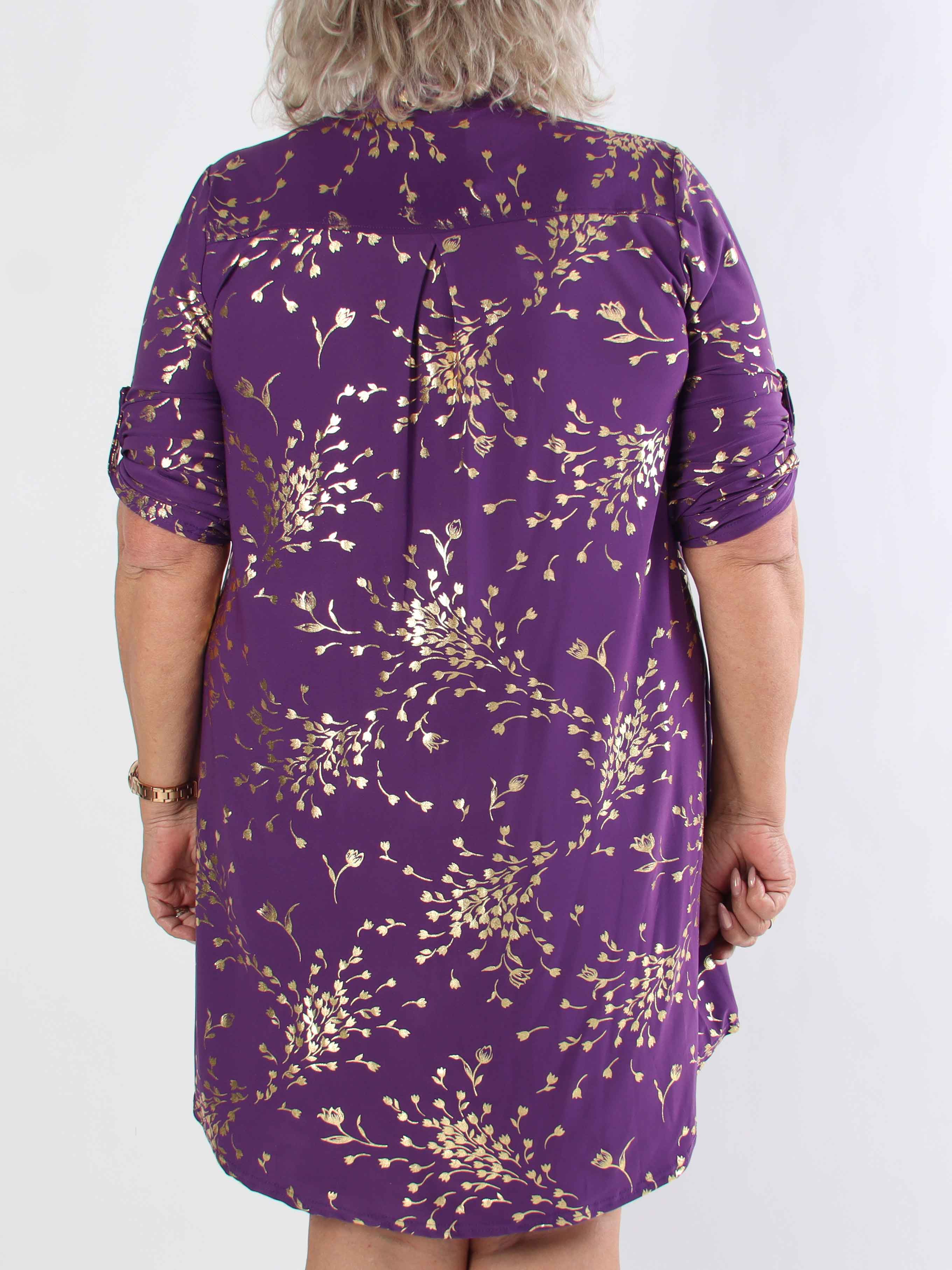 Ebba Gold Leaf Long - Elastisk ensfarvet plus size kjole med guld blomsterprint